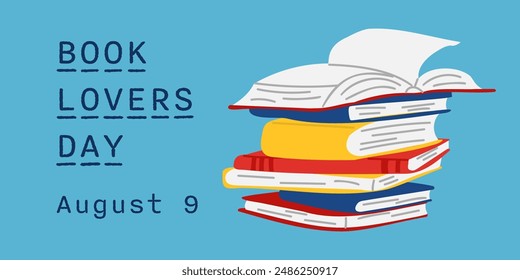 Book Lovers Day horizontal banner. Vector flat hand drawn illustration with book stack. Template for background, banner, card, poster with text inscription