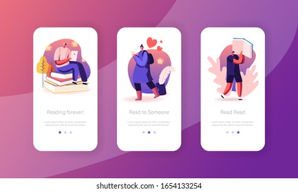 Book Lovers Enjoying Reading Mobile App Page Onboard Screen Set. Young People with Gadgets Read Electronics and Paper Books, Literature Concept for Website or Web Page. Cartoon Vector Illustration