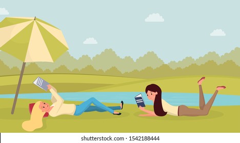 Book lovers family flat vector illustration. Husband and wife reading novels sitting at kitchen table cartoon characters. Smart students, siblings revising textbooks, preparing for exam