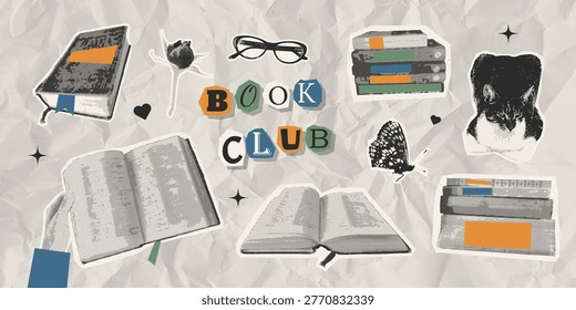 Book lovers halftone collage cutout set with hands holding book, open books, butterfly, cat, glasses and floral element. Vintage style for scrapbook, stickers and journaling. Vector illustration