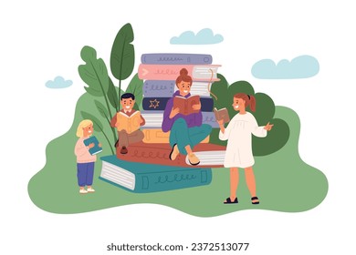 Book lovers. Mom reads fairy tale to children. Large stack of literary volumes. People gain new knowledge. Parent with kids enjoy of literature. Relax in nature. Garish