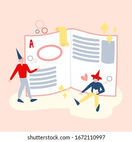 Book lovers people reading journal sitting and standing next to a giant volume. Bookstore or library themed concept trendy flat cartoon design vector illustration international copyright day. 