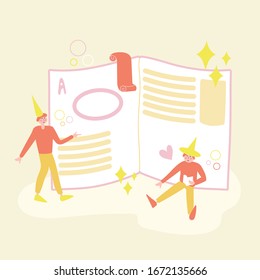 Book lovers people reading journal sitting and standing next to a giant volume. Bookstore or library themed concept trendy flat cartoon design vector illustration international copyright day. 