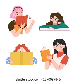 A los amantes del libro les gusta leer o estudiar y prepararse para examinarlo con un ambiente acogedor en casa. Niña estudiantil sostiene un libro en sus manos. Feliz día mundial del libro. Ilustración de elementos vectoriales dibujados a mano