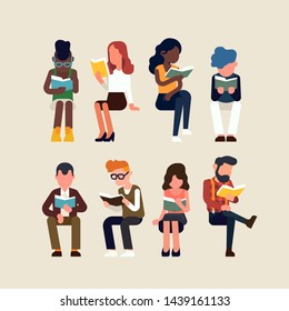 Book lovers and reading themed vector illustration with abstract faceless people in minimal geometric style