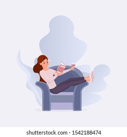 Book lovers relax flat vector illustration. Young girl with wine glass in comfortable chair enjoying interesting novel cartoon character. Intelligent woman patime concept, intellectuals hobby