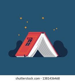 Book lovers themed illustration in minimal flat style, vector. Bookworm related figurative background with camping tent made of open book