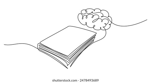 Libro acostado con el cerebro humano sobre el dibujo continuo del icono de una línea. Libro con el símbolo del cerebro Ilustración vectorial de una sola línea en estilo doodle. Diseño de signo lineal de contorno de Educación