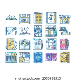 book and magazine press for read doodle icons set vector. sketch line art bookmark accessory for reading encyclopedia and holy bible, diary notebook, educational electronic book color illustrations