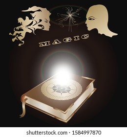 Book Magic, glowing light, the struggle of the mind in mystical images - black background - illustration, vector. Occultism, Spiritism, Philosophy Concept