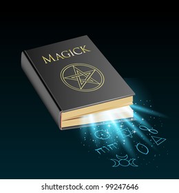 Book of magic with mystical light and symbols