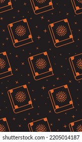 Book of magic spells with an eye on the cover. Halloween, seamless pattern. Endless background, decor elements, color fabric, textile, wallpaper. 