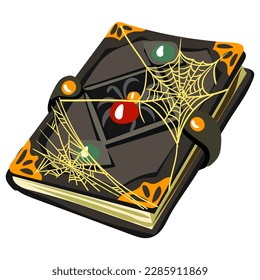 A book with magic spells, witchcraft, fortune-telling is all in a web. Fantastic grimoires on alchemy, Ancient volumes of Fairy tales or esoteric recipes and Mystical Charms. Spider with stones