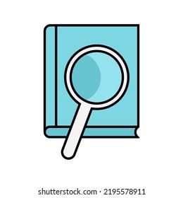Buchen und vergrößern Sie das flache Symbol. Wörterbuch und Lupe Symbol einzeln auf weißem Hintergrund, perfekt für Website, Blog, Logo, Grafikdesign, soziale Medien, Benutzeroberfläche, mobile App. bunter flacher Vektor eps10