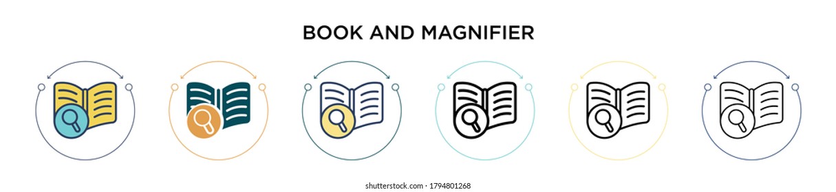 Book and magnifier icon in filled, thin line, outline and stroke style. Vector illustration of two colored and black book and magnifier vector icons designs can be used for mobile, ui, web