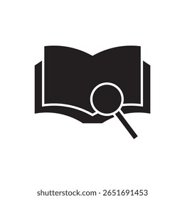  book with magnifier icon. Open book and magnifying glass, symbol of research and focus.