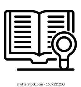 Book and magnifier icon. Outline book and magnifier vector icon for web design isolated on white background