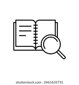 Book with magnifier icon vector illustration. Loupe with open book on isolated background. Book search sign concept.