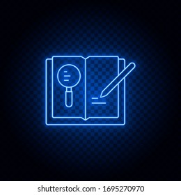 book, magnifier, pen, copyright blue neon vector icon. Blue and yellow neon vector icon. Transparent background