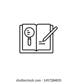 Book, magnifier, pen, copyright vector icon. Illustration isolated vector sign symbol
