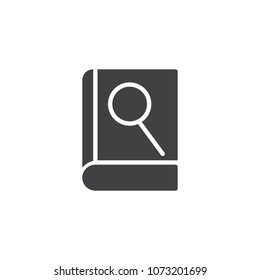 Book with magnifier vector icon. filled flat sign for mobile concept and web design. Searching for knowledge simple solid icon. Symbol, logo illustration. Pixel perfect vector graphics