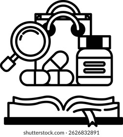 A book with a magnifying glass and a bag of pills on top of it