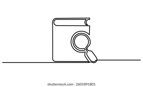 Book with Magnifying Glass continuous one line drawing Illustration, Symbolizing Research, Study, and Investigation. Line Art of Educational Tool and Search Concept Design