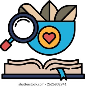 A book with a magnifying glass and a heart on it. The book is open to a page with a picture of a heart
