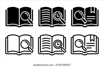 book magnifying glass icon for reading, research, and study in minimalist monochrome style