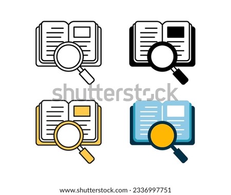 book and magnifying glass icon vector design in 4 style line, glyph, duotone, and flat