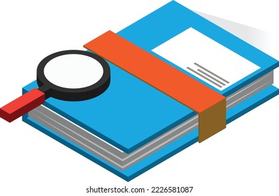 book and magnifying glass illustration in 3D isometric style isolated on background