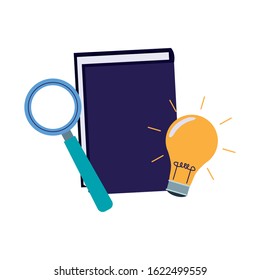 book with magnifying glass and light bulb over white background, colorful design, vector illustration
