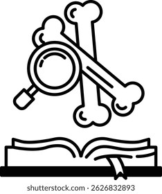 A book with a magnifying glass on it and a skeleton on the right side