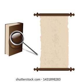 A book with a magnifying glass and a papyrus scroll, old, with stains in the grunge style, with torn edges - isolated on white background - vector. Education. Knowledge.