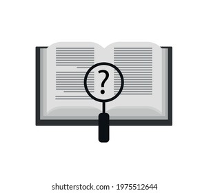 book, magnifying glass and question mark. flat book icon education concept.
