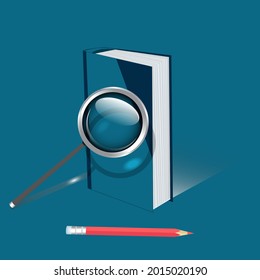 Book, magnifying glass, red pencil - vector. Banner. Back to school. Education concept.