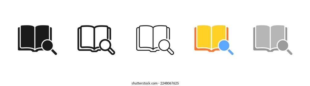 Book with magnifying glass set icon. Listen, volume, search, bookmark, note, check box, mark, tick, pick, website, online. Technology concept. Vector five icon in different style on white background