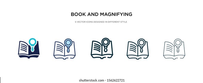 book and magnifying icon in different style vector illustration. two colored and black book and magnifying vector icons designed in filled, outline, line stroke style can be used for web, mobile, ui