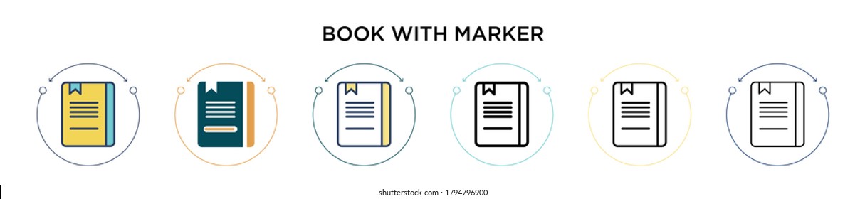 Book with marker icon in filled, thin line, outline and stroke style. Vector illustration of two colored and black book with marker vector icons designs can be used for mobile, ui, web