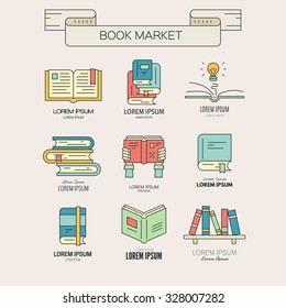 Book market or book festival illustration - collection of different books. Open book,book in hands, book with lightbulb, bookshelf made in vector.