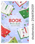 Book market. Layout design for bookstore, library, sale in bookshop. Books with winter decor, garlands, Christmas tree and snow. Vector illustration for banner, cover, marketing.