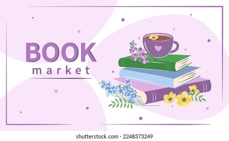 Book market. Layout design for bookstore, library. Books with spring flowers. Vector illustration