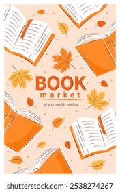 Mercado de libros. Diseño de diseño para librería, Biblioteca, venta en librería. Libros con hojas brillantes de otoño. Ilustración vectorial para el Anuncio, la cobertura, la comercialización.
