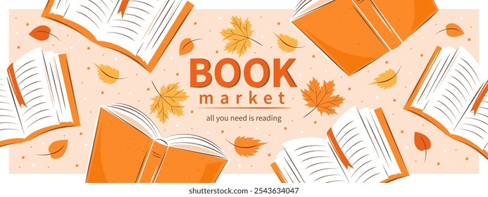 Mercado de libros. Diseño de diseño para librería, Biblioteca, venta en librería. Libros con hojas brillantes de otoño. Ilustración vectorial para el Anuncio, la cobertura, la comercialización.
