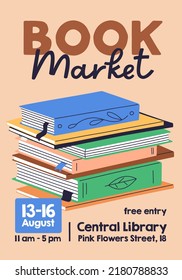 Book market, literature fair flyer design. Library, bookshop card background. Promo banner template for reading club, event. Education exhibition advertisement, invitation. Flat vector illustration