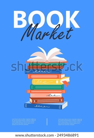 Book market, literature fair flyer design. Library, bookshop card background. Promo banner template for reading club, event. Education exhibition advertisement, invitation. Flat vector illustration