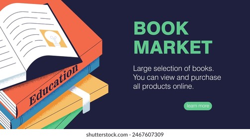 Book market, store, web banner design. Literature sale promo card background. Education template for online webpage. Bookstore, landing page template. Flat graphic vector illustration for website