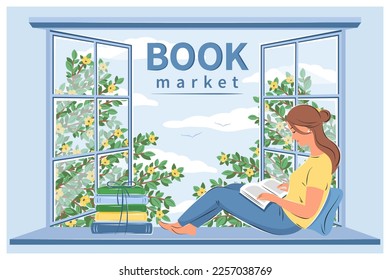 Book market. Woman reading book and sitting at the spring window. Layout design for bookstore, library, bookshop or education. Vector illustration
