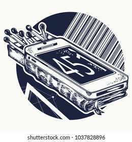 Book and matches tattoo and t-shirt design. Symbol of censorship and promotion, freedom and slavery, life deprived of civil rights 