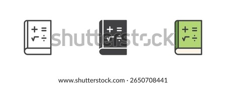 Book with mathematical symbols icon set. Line, solid and colorful filled outline styles. Math education, learning and arithmetic vector book icon symbol.